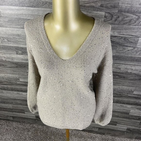 ANN TAYLOR LOFT V-Neck Pullover Tan Sequin Knit Sweater Women's Size Medium - Picture 11 of 11
